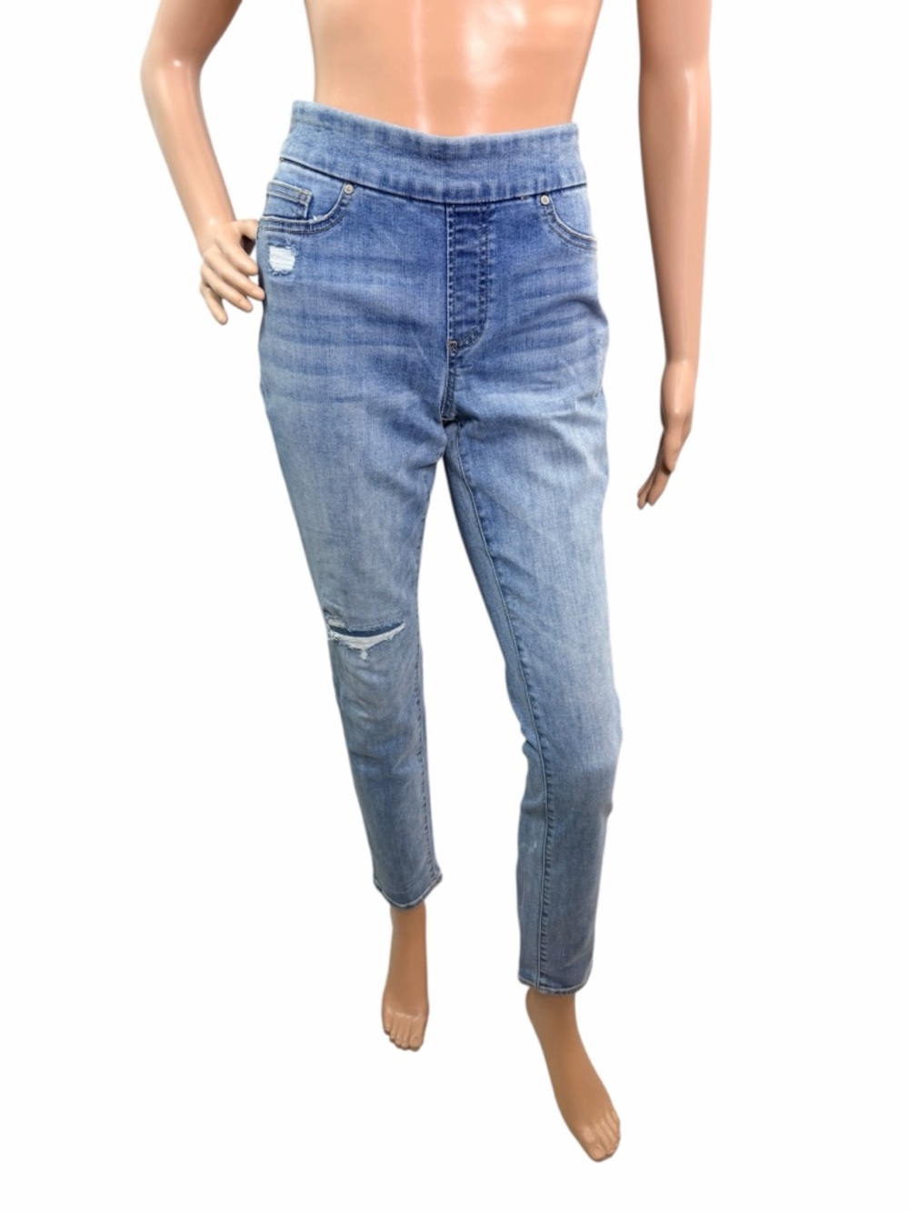 Chicos Women’s Size 2R Pull On Elastic Waist Destructed Blue Denim Pants
